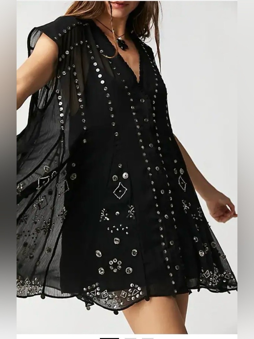 Free People Aston Black Studded Button-Front Sheer Tunic Dress Size Medium. A1